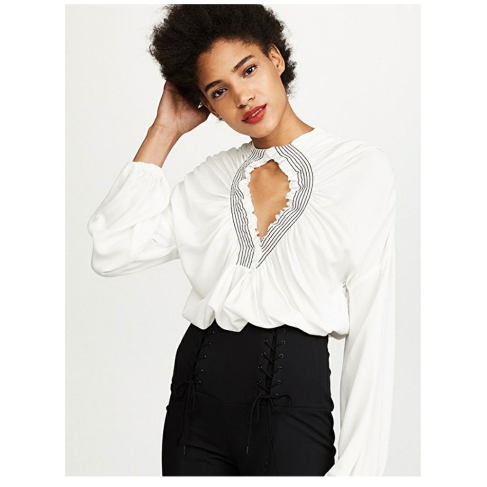 Rachel Comey Siphon White Keyhole Blouse Striped Trim Textured Long Sleeve Top 2